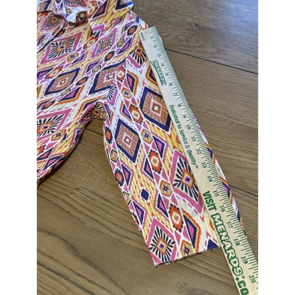Chicos Womens Size 0 Linen No Iron Button Up Shirt 3/4 Sleeve Aztec Colorful - Picture 7 of 15